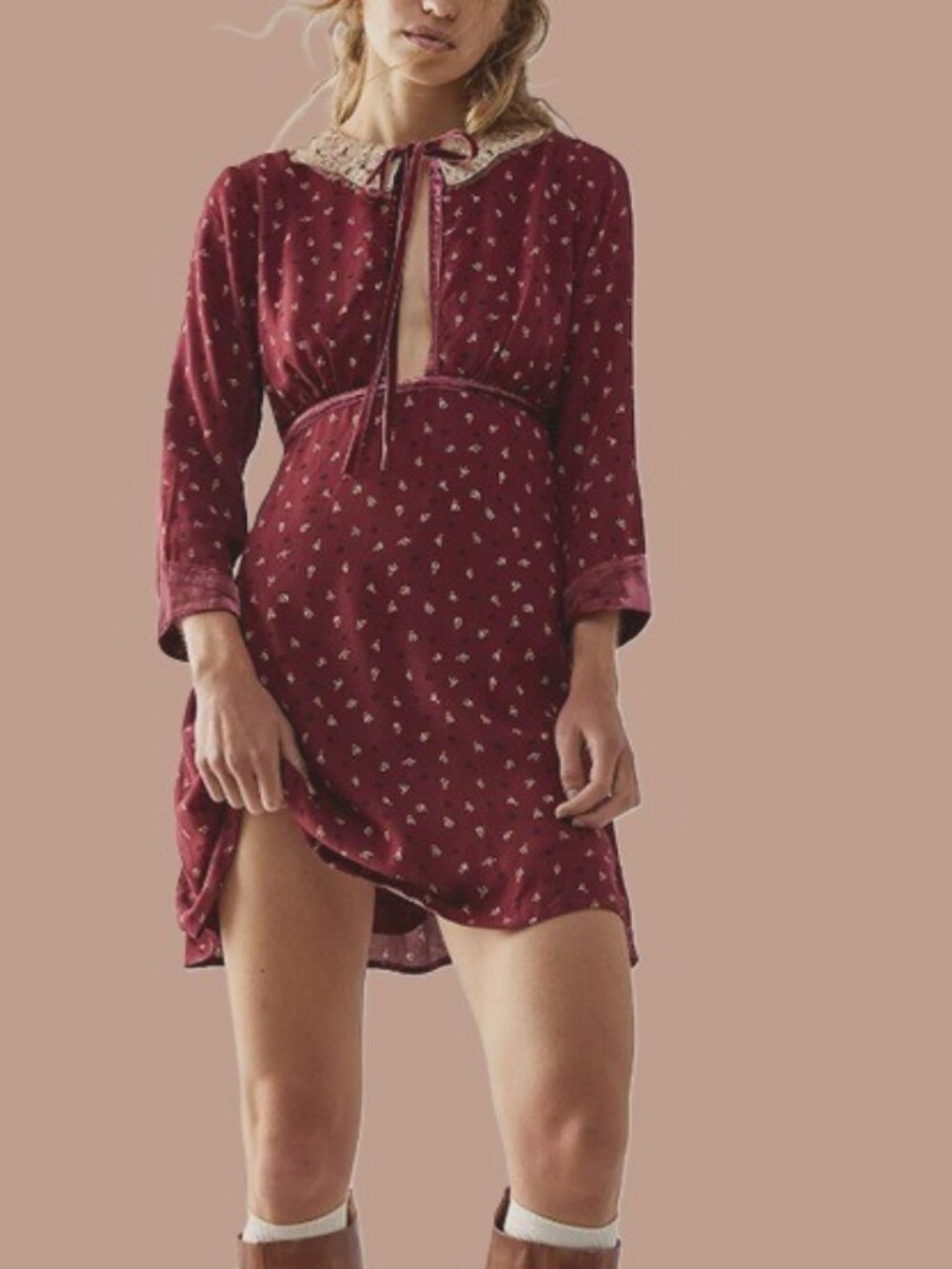 Free People Delfina Mini Dress, Peter Pan Lace Color, Burgundy, Medium